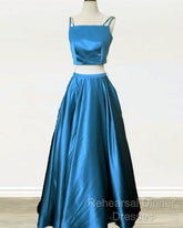 Two Piece Green Satin Semi Formal Prom Dress With Straps